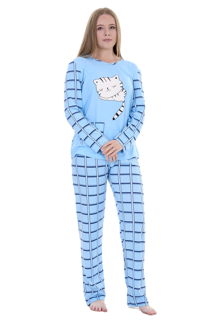 Women’s Long Sleeve Cat Print Pyjama Set – Soft Winter PJs – Checked Bottoms Loungewear Sleepwear