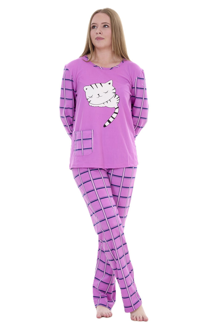 Women’s Long Sleeve Cat Print Pyjama Set – Soft Winter PJs – Checked Bottoms Loungewear Sleepwear